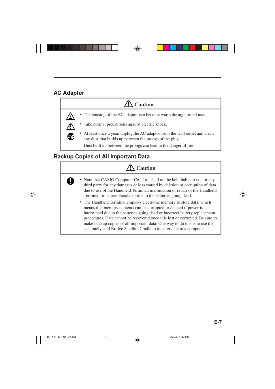 Ac adaptor caution, Backup copies of all important data caution | Casio DT-X11 Series User Manual | Page 9 / 61