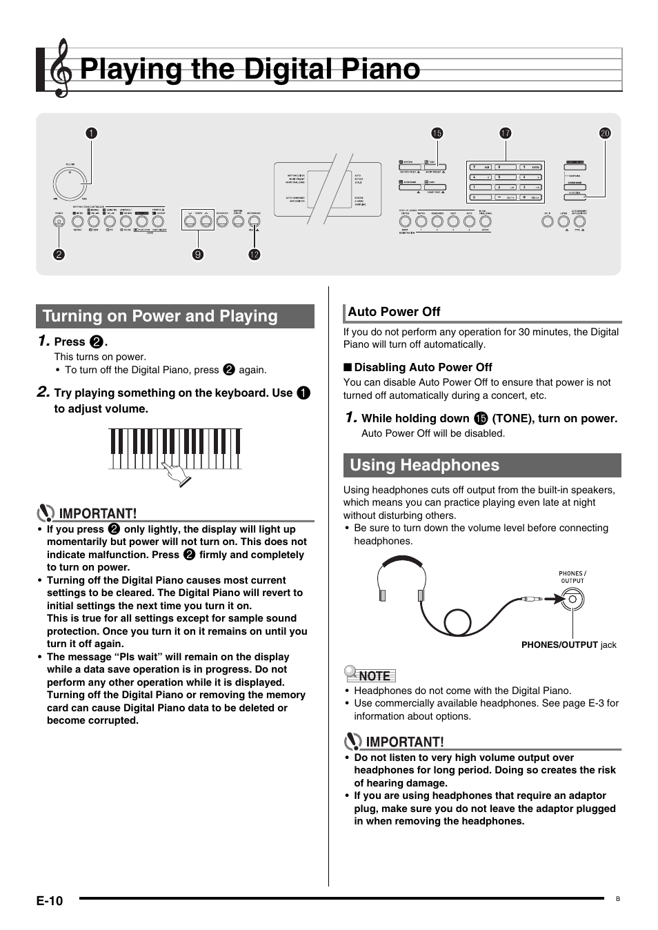 Playing the digital piano, Turning on power and playing, Using headphones | Casio NONE FOUND CDP-220R User Manual | Page 12 / 80
