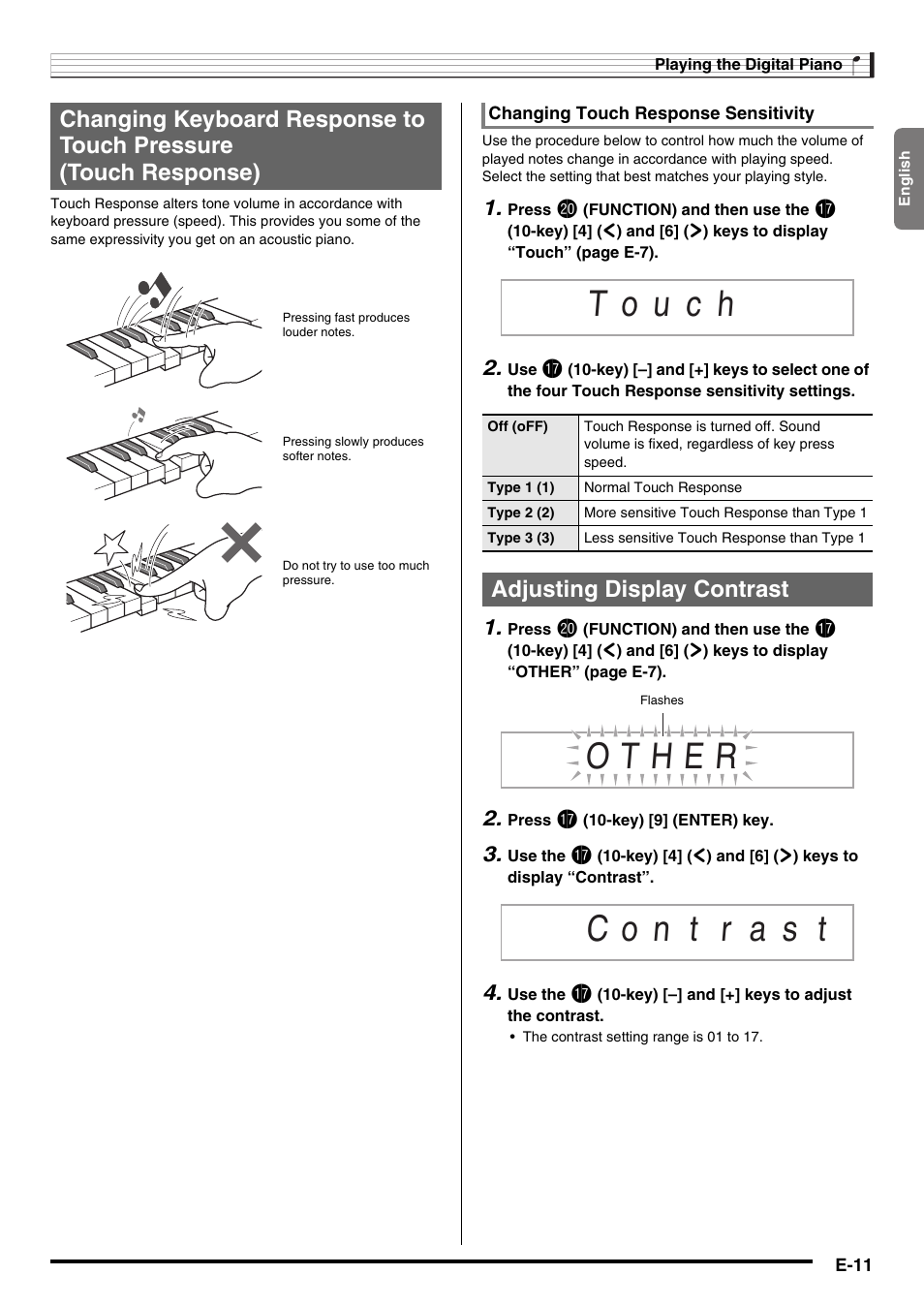 Adjusting display contrast | Casio NONE FOUND CDP-220R User Manual | Page 13 / 80