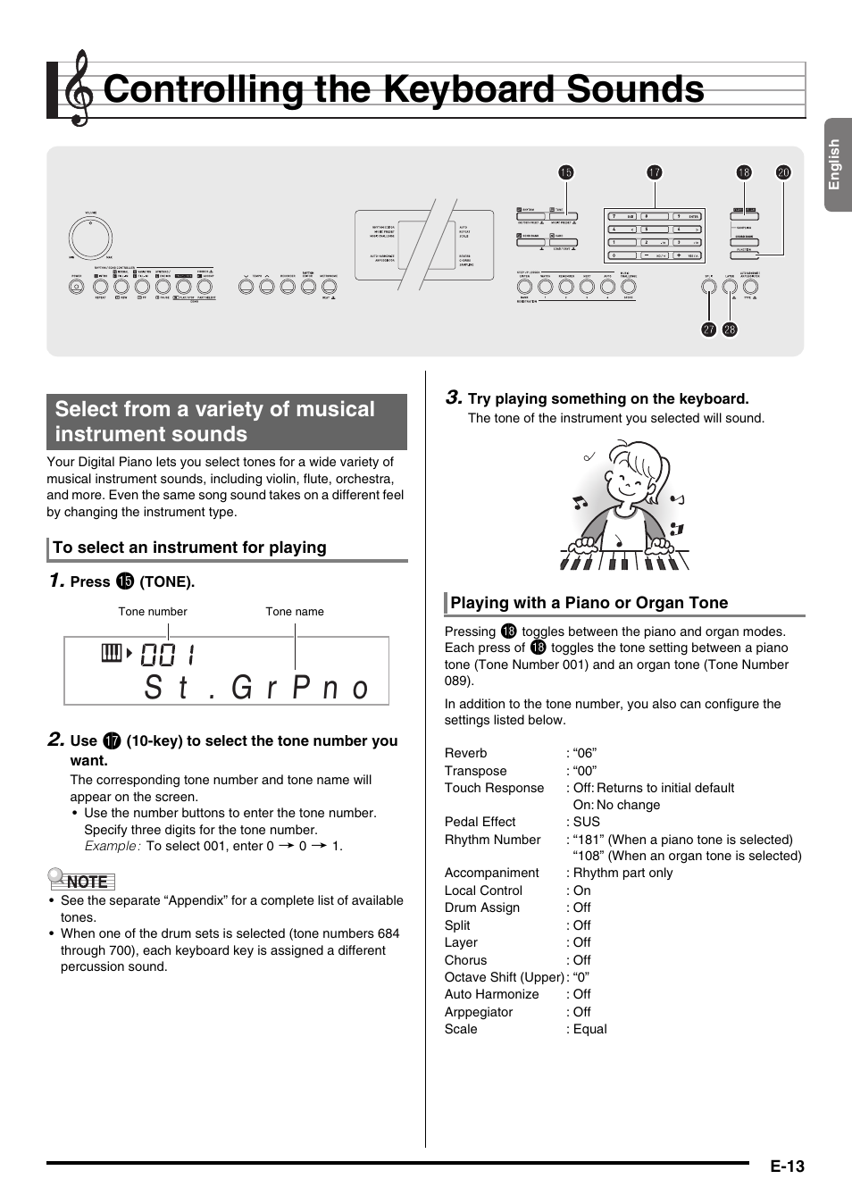 Controlling the keyboard sounds, Select from a variety of musical instrument sounds, Ck br br cr cr cs cs bs bs bp bp | Casio NONE FOUND CDP-220R User Manual | Page 15 / 80