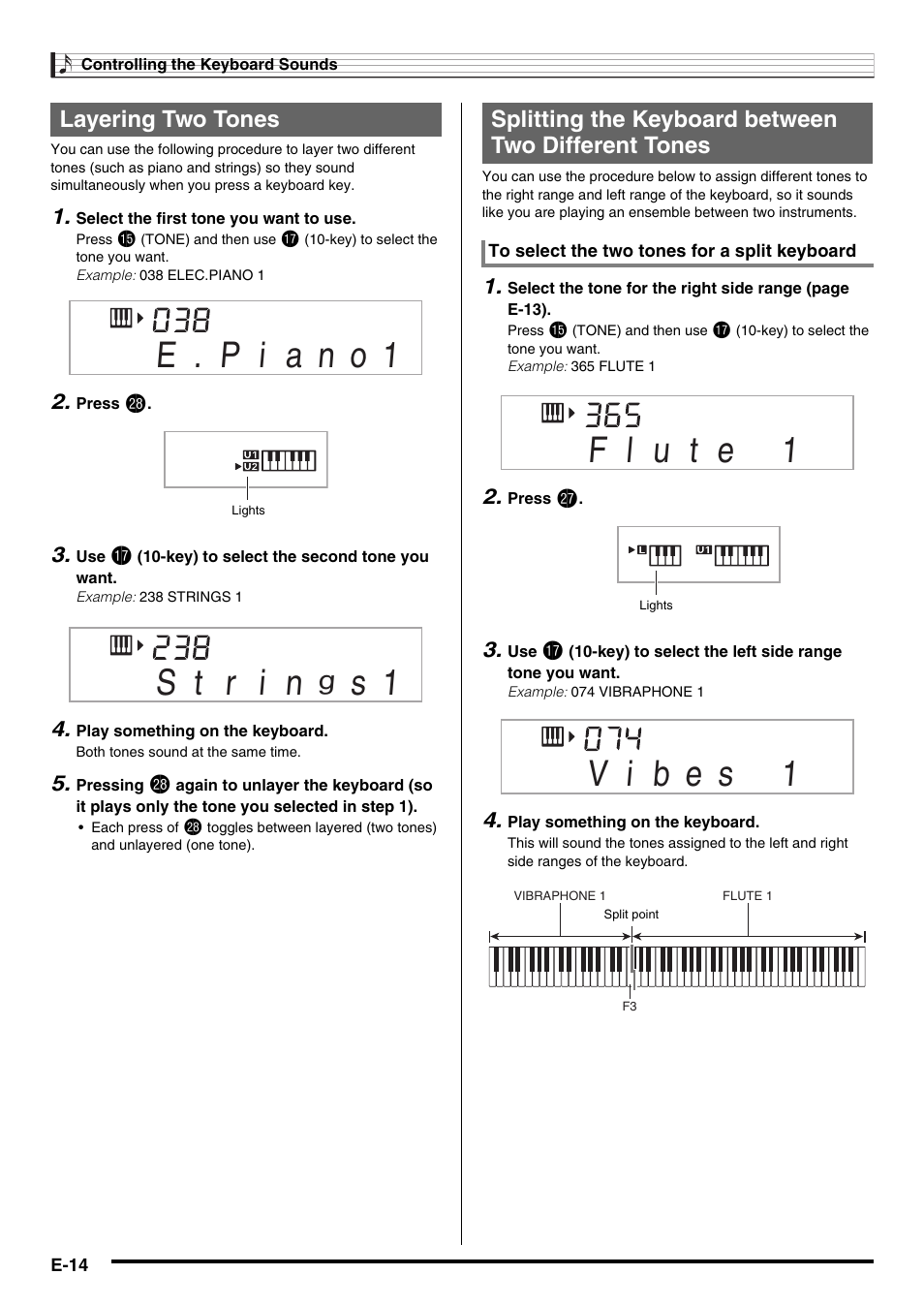 Layering two tones, Splitting the keyboard between two different tones | Casio NONE FOUND CDP-220R User Manual | Page 16 / 80