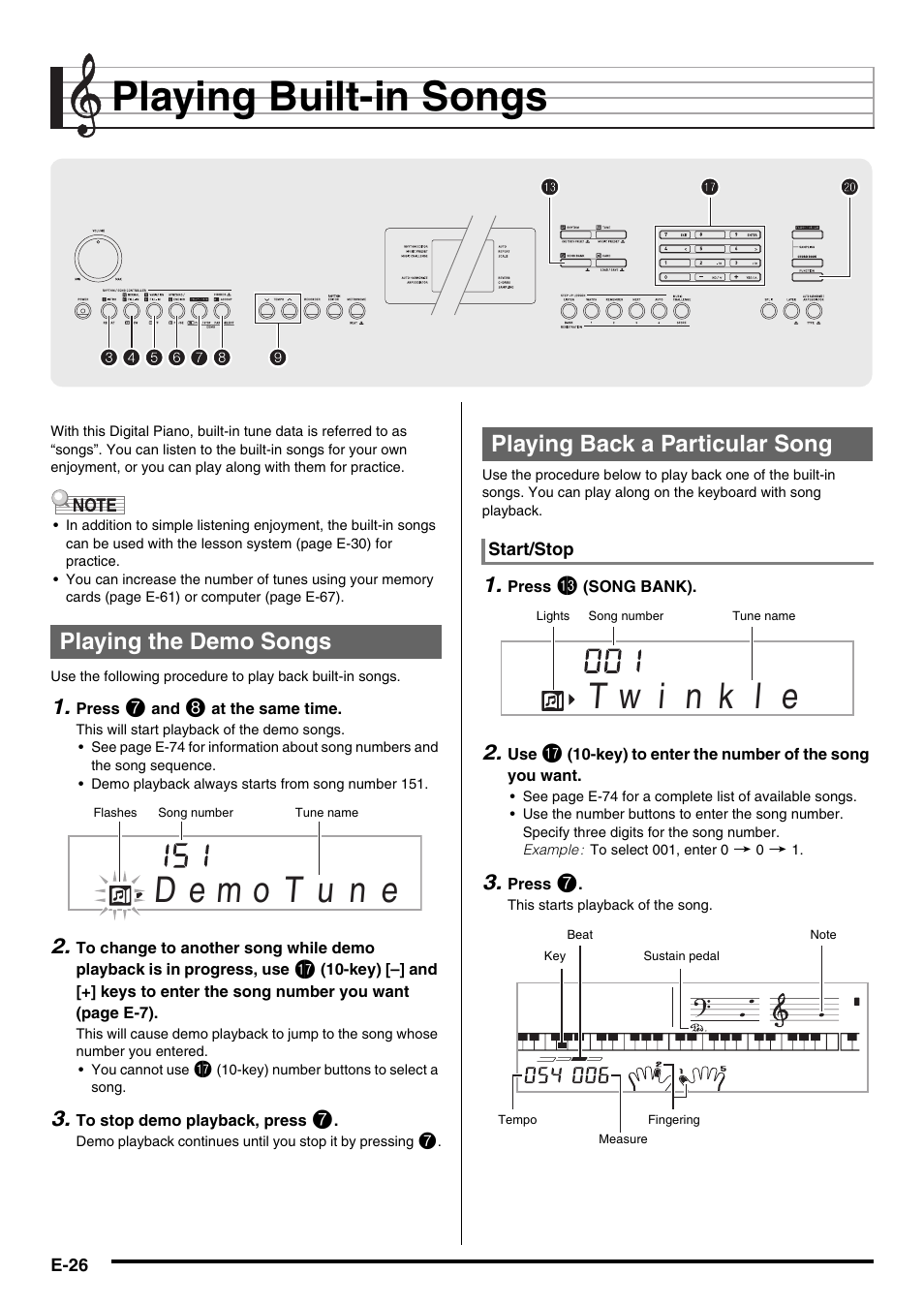 Playing built-in songs, Playing the demo songs, Playing back a particular song | Casio NONE FOUND CDP-220R User Manual | Page 28 / 80