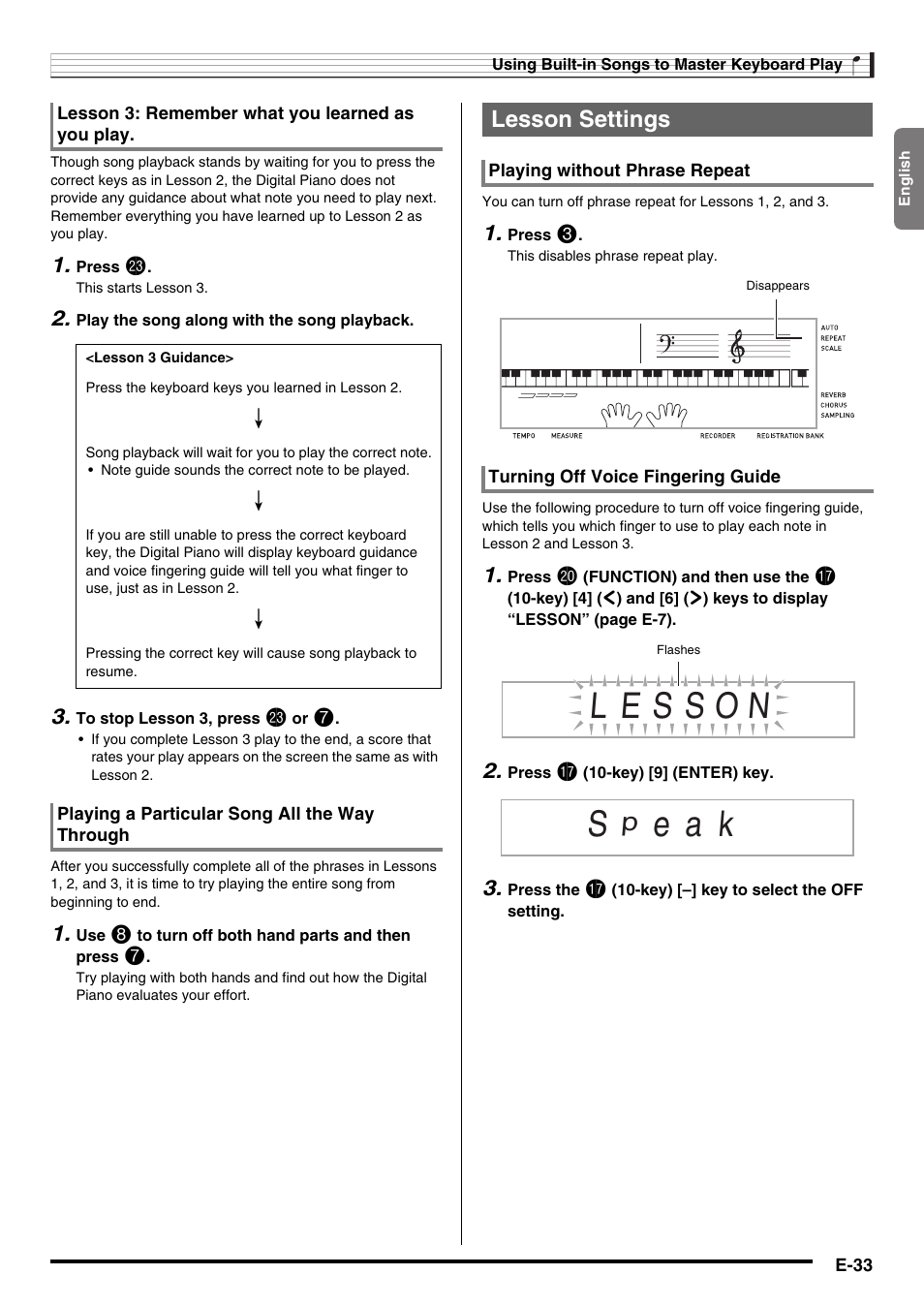 E a k, Lesson settings | Casio NONE FOUND CDP-220R User Manual | Page 35 / 80