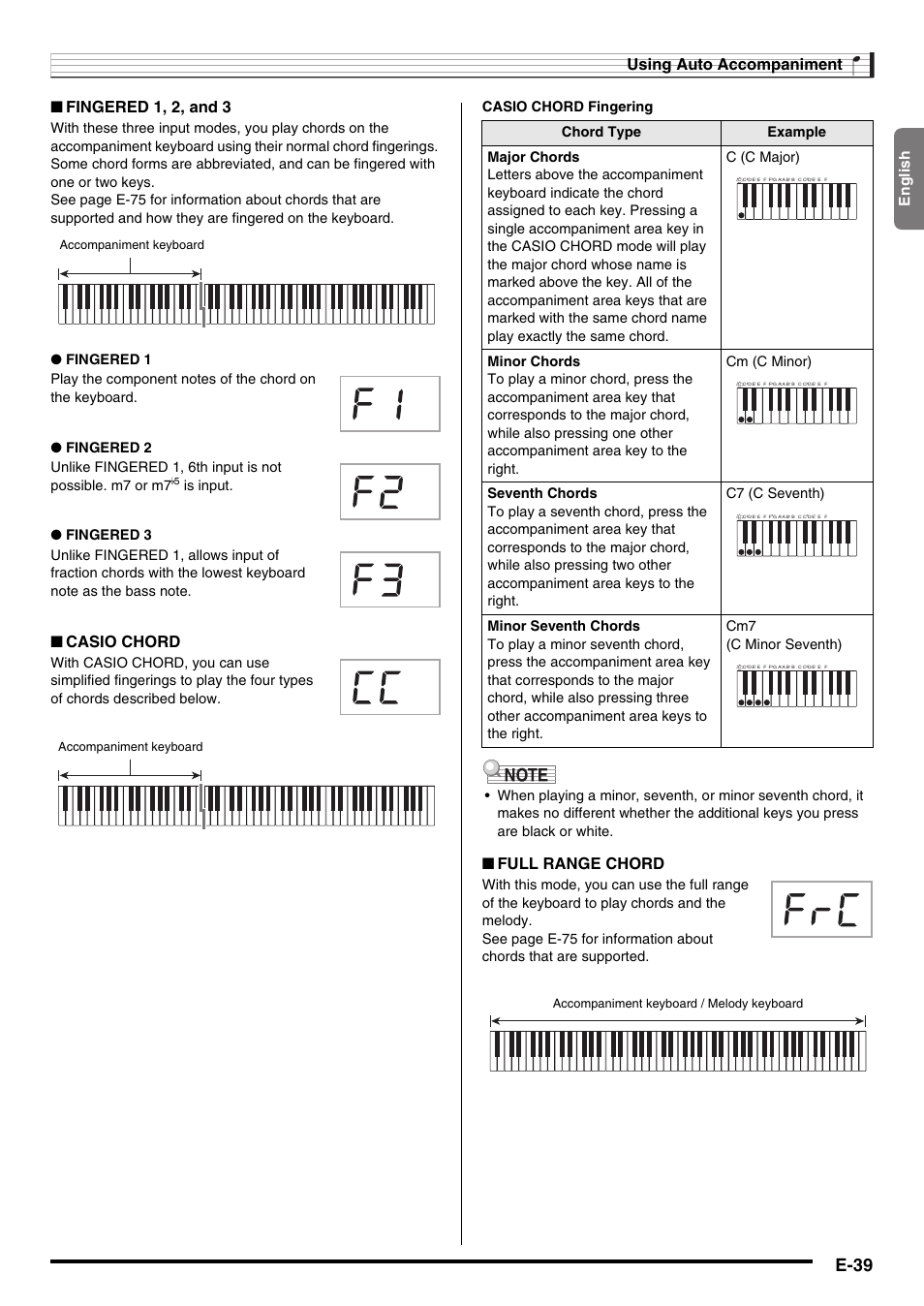 E-39, Using auto accompaniment, Fingered 1, 2, and 3 | Casio chord, Full range chord, English, Accompaniment keyboard, Accompaniment keyboard / melody keyboard | Casio NONE FOUND CDP-220R User Manual | Page 41 / 80