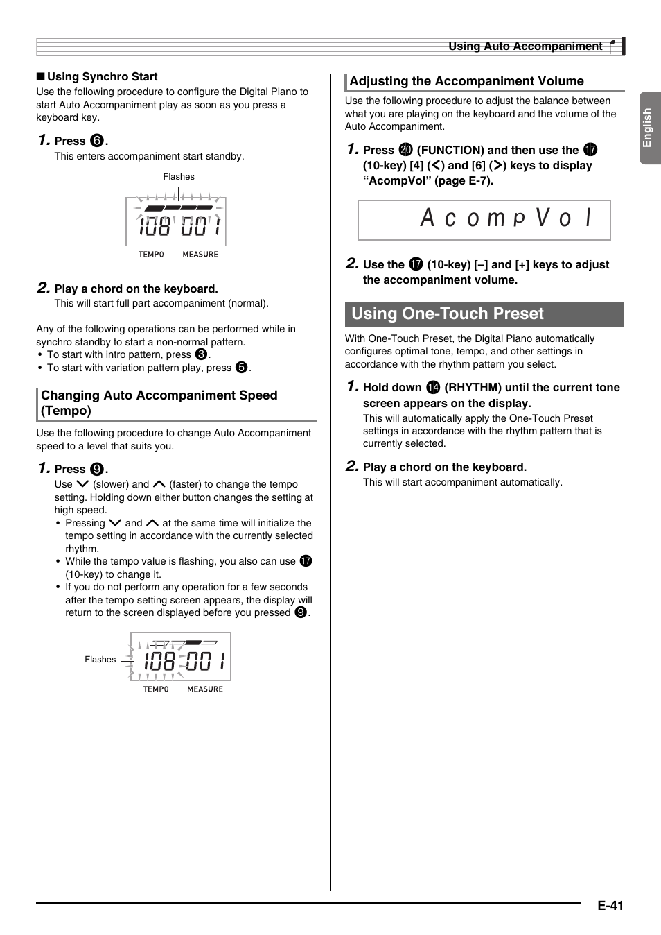 A c o m, V o l, Using one-touch preset | Casio NONE FOUND CDP-220R User Manual | Page 43 / 80