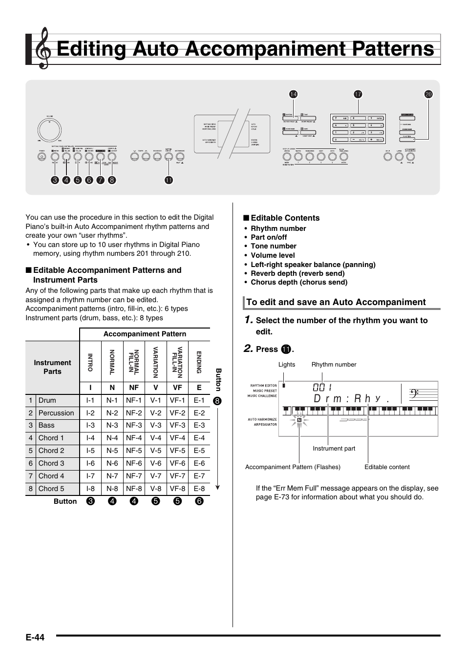 Editing auto accompaniment patterns, D r m : r h | Casio NONE FOUND CDP-220R User Manual | Page 46 / 80