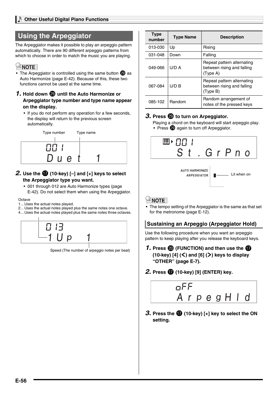 H l d, Using the arpeggiator | Casio NONE FOUND CDP-220R User Manual | Page 58 / 80