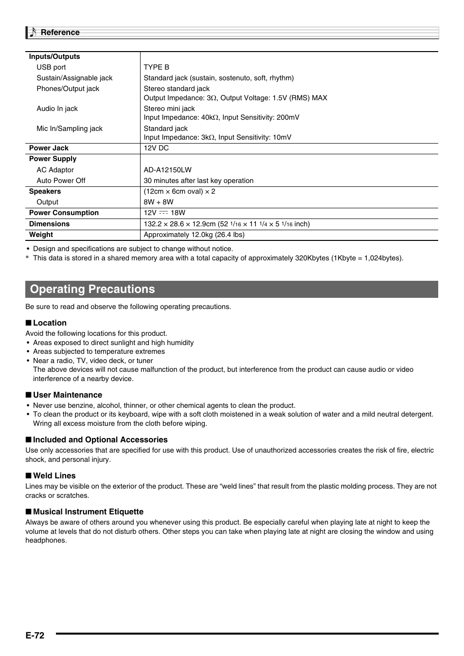 Operating precautions, E-72 | Casio NONE FOUND CDP-220R User Manual | Page 74 / 80
