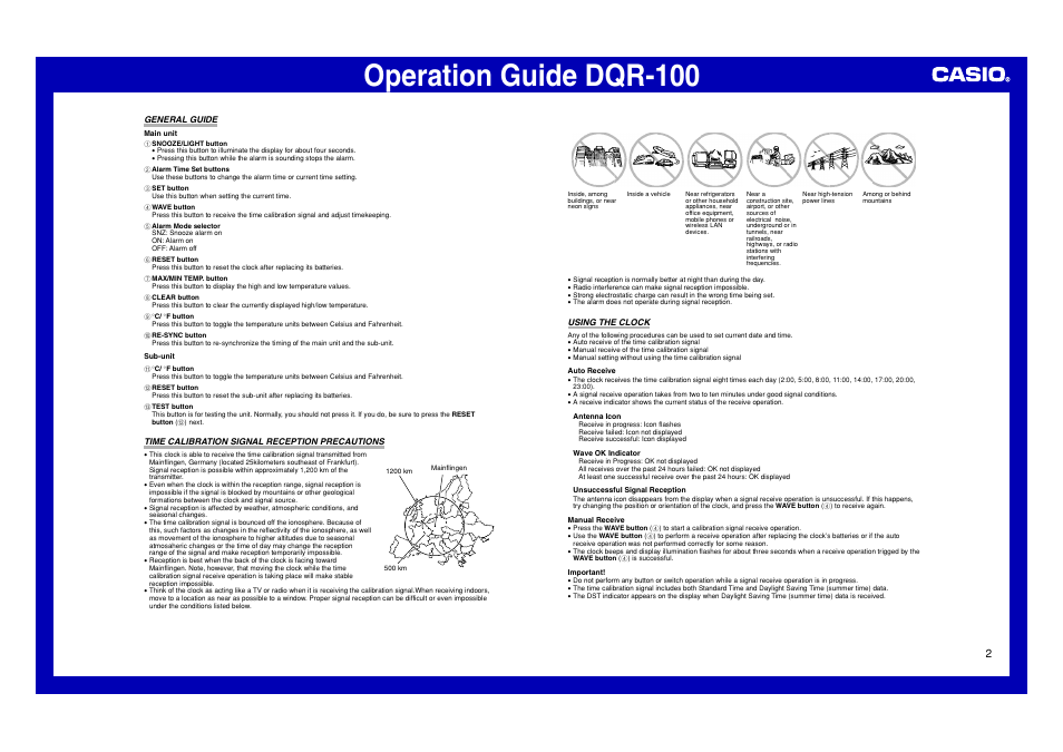 General guide 2, Time calibration signal reception precautions, Using the clock 1 | Operation guide dqr-100 | Casio DQR-100 User Manual | Page 2 / 5