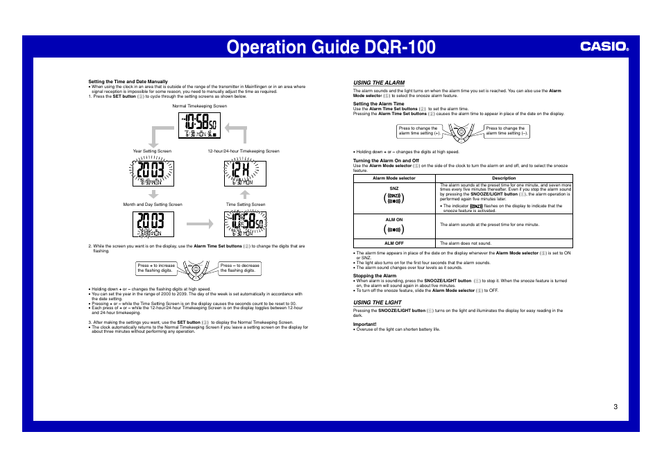 Using the clock 2, Using the alarm, Using the light | Operation guide dqr-100 | Casio DQR-100 User Manual | Page 3 / 5