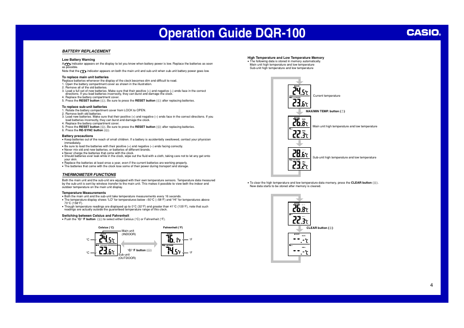 Battery replacement, Thermometer functions, Operation guide dqr-100 | Casio DQR-100 User Manual | Page 4 / 5