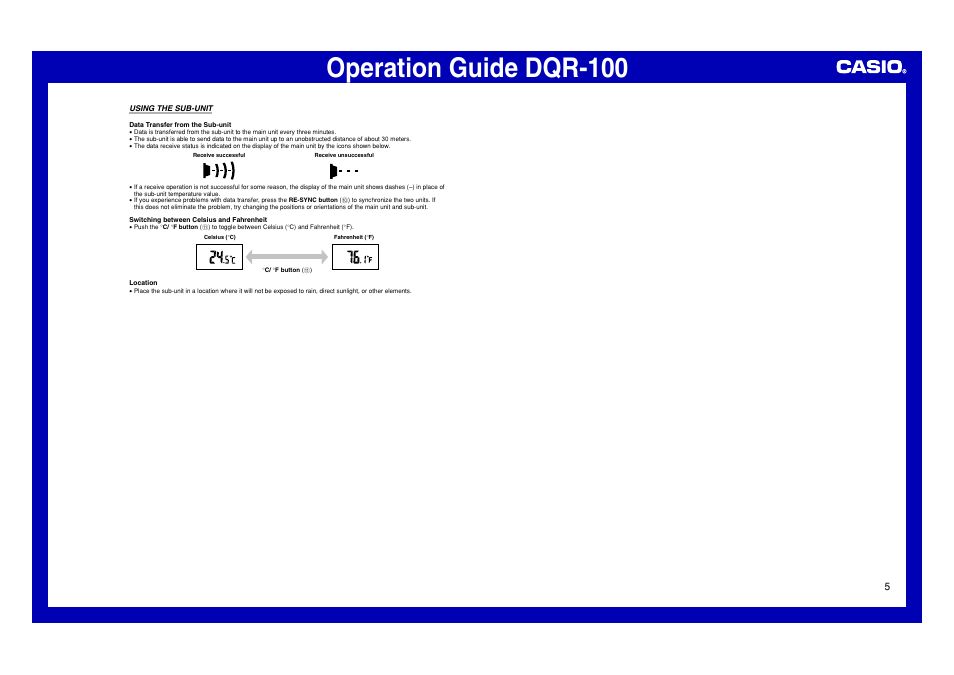 Using the sub-unit, Operation guide dqr-100 | Casio DQR-100 User Manual | Page 5 / 5