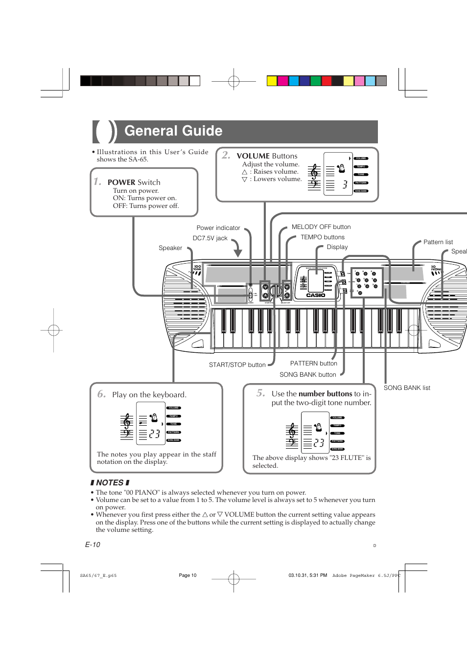 General guide, Power switch, Volume buttons | Play on the keyboard, E-10, The above display shows "23 flute" is selected | Casio SA-65 User Manual | Page 10 / 18