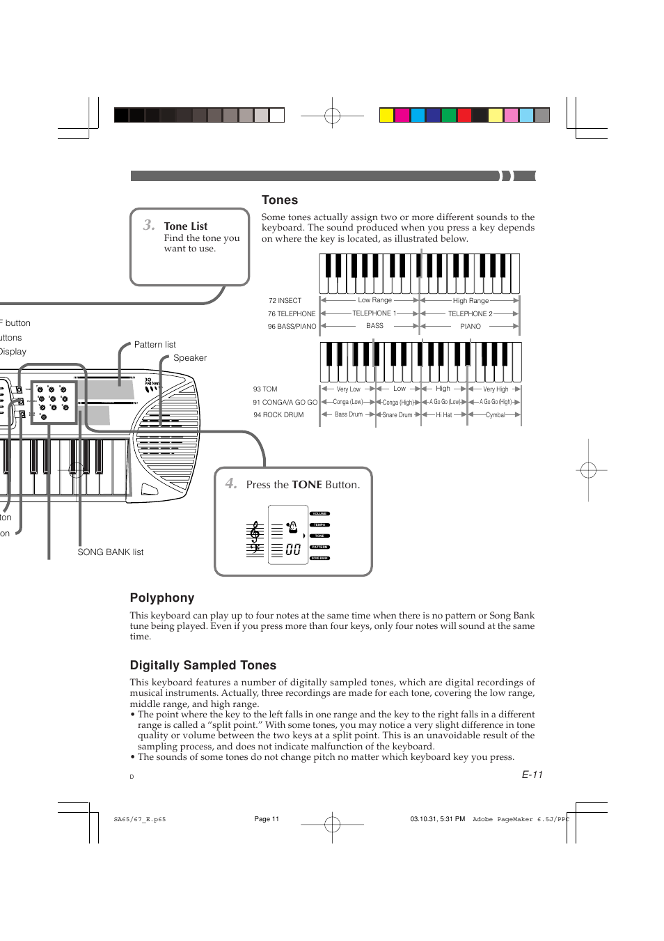 Tones, Polyphony, Digitally sampled tones | Press the tone button, Tone list, E-11, Find the tone you want to use | Casio SA-65 User Manual | Page 11 / 18