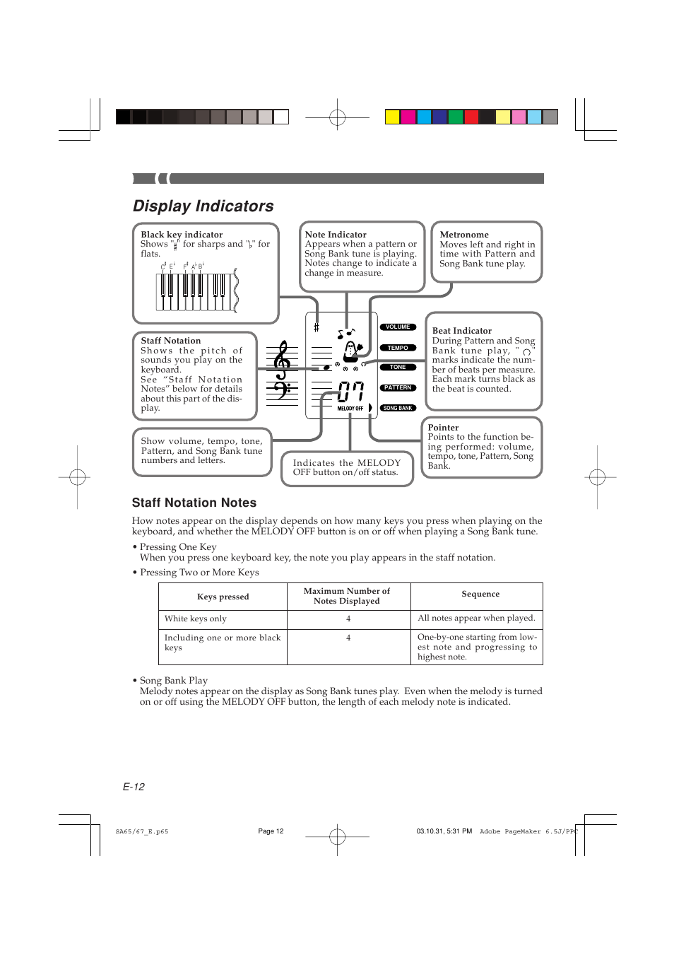 Display indicators | Casio SA-65 User Manual | Page 12 / 18