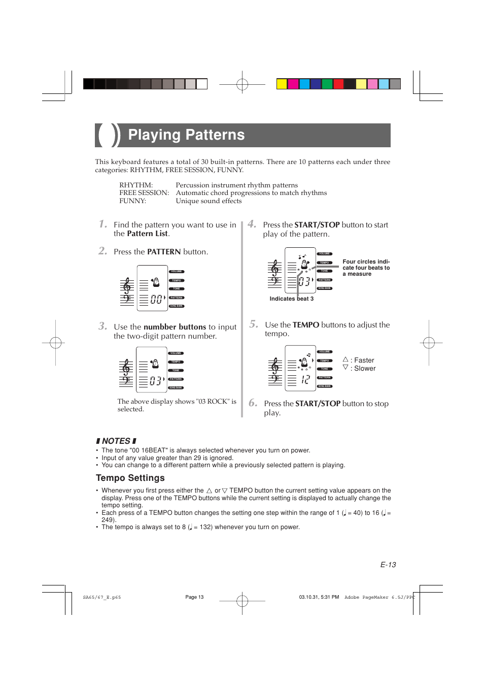 Playing patterns, Tempo settings, Use the tempo buttons to adjust the tempo | Press the start/stop button to stop play, Press the pattern button | Casio SA-65 User Manual | Page 13 / 18