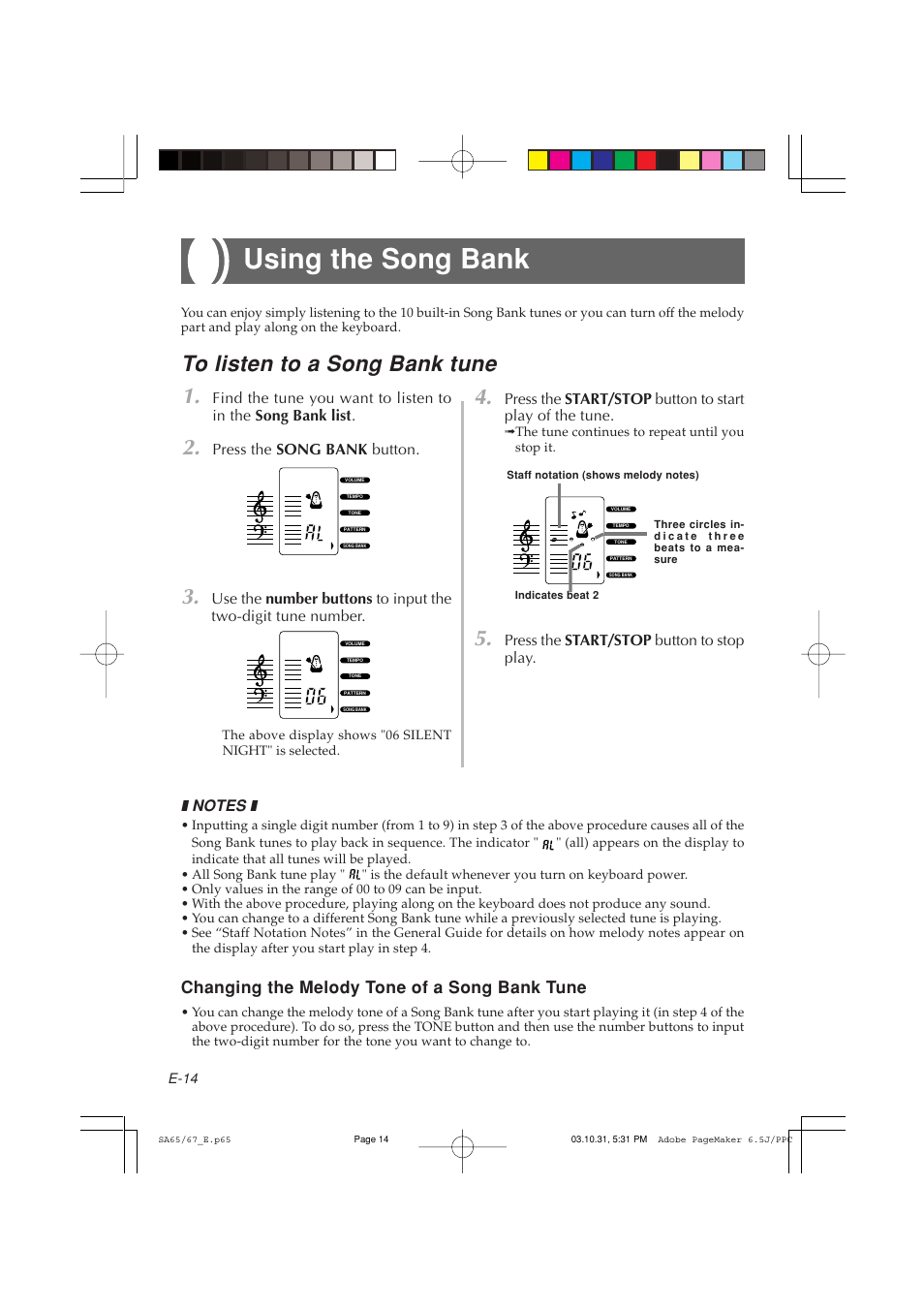 Using the song bank, Changing the melody tone of a song bank tune, Press the song bank button | Casio SA-65 User Manual | Page 14 / 18