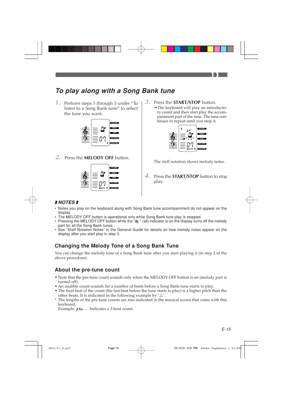 Changing the melody tone of a song bank tune, About the pre-tune count, Press the melody off button | Press the start/stop button, Press the start/stop button to stop play | Casio SA-65 User Manual | Page 15 / 18