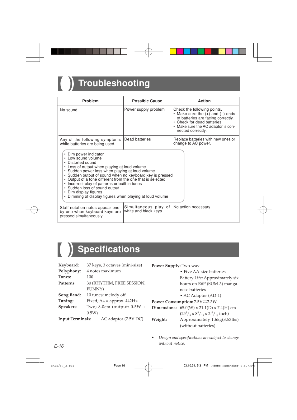 Troubleshooting, Specifications | Casio SA-65 User Manual | Page 16 / 18