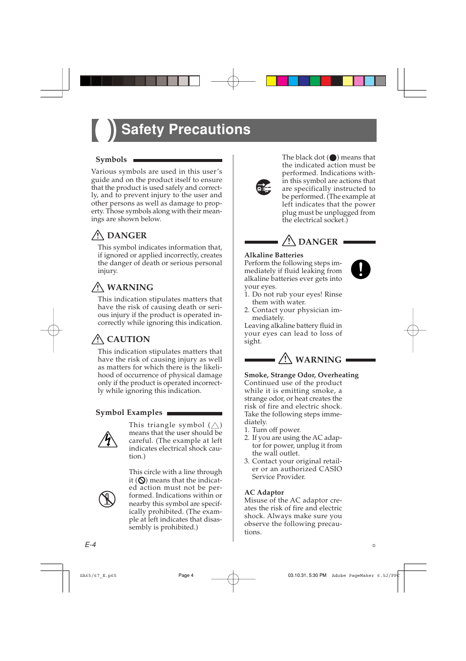 Safety precautions | Casio SA-65 User Manual | Page 4 / 18