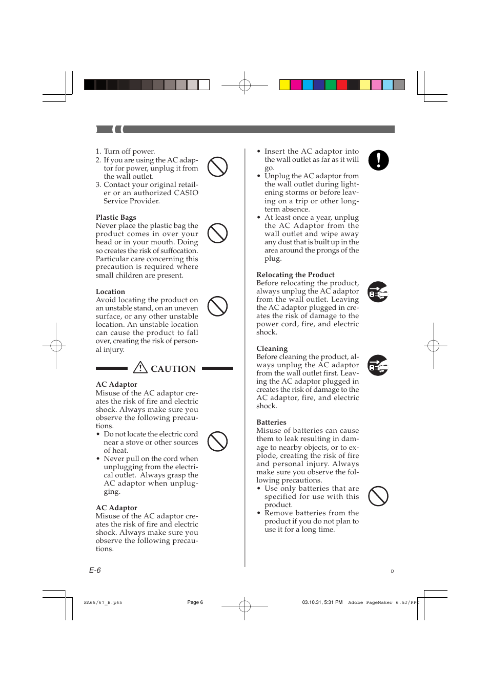 Caution | Casio SA-65 User Manual | Page 6 / 18