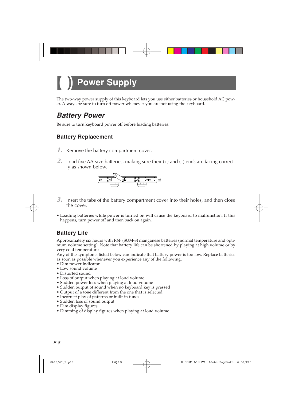 Power supply, Battery power | Casio SA-65 User Manual | Page 8 / 18