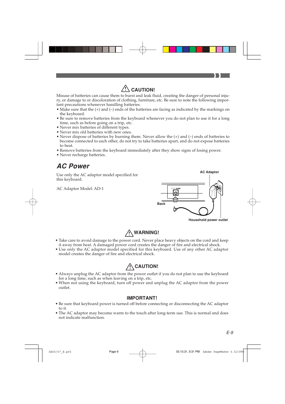 Ac power | Casio SA-65 User Manual | Page 9 / 18