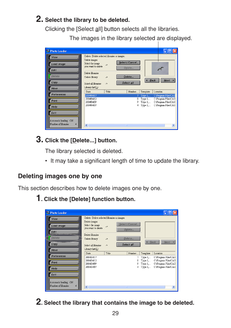 Deleting images one by one | Casio PHOTO LOADER K800PSM2DMX User Manual | Page 29 / 48