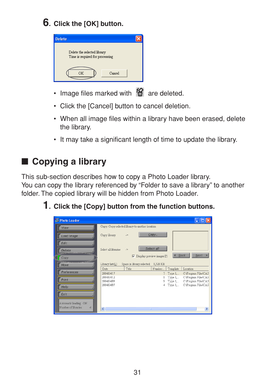 Copying a library | Casio PHOTO LOADER K800PSM2DMX User Manual | Page 31 / 48