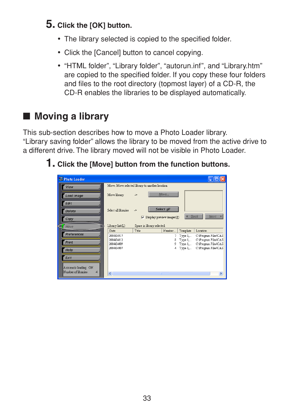 Moving a library | Casio PHOTO LOADER K800PSM2DMX User Manual | Page 33 / 48