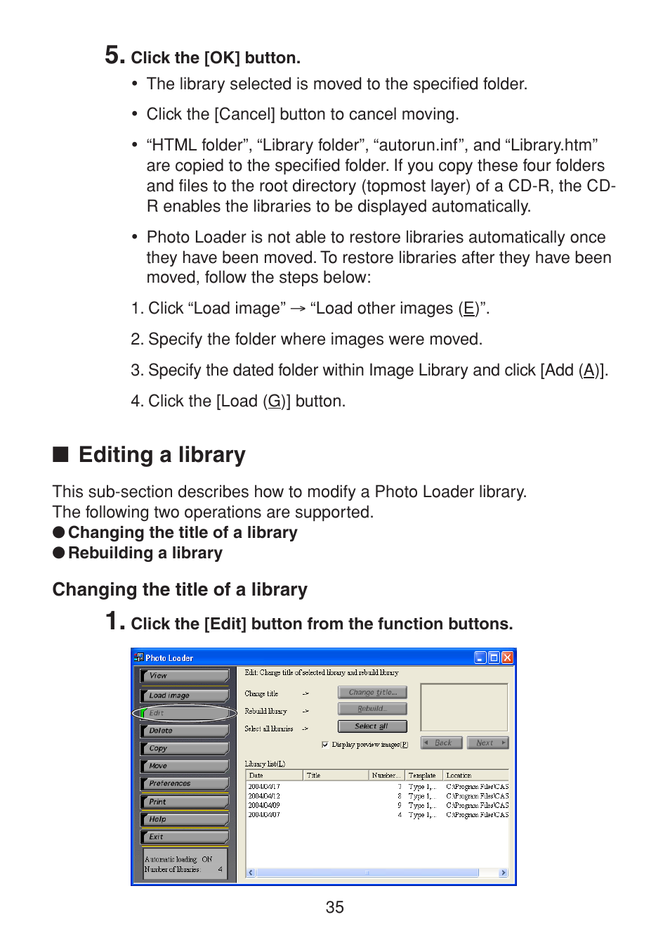 Editing a library, Changing the title of a library | Casio PHOTO LOADER K800PSM2DMX User Manual | Page 35 / 48