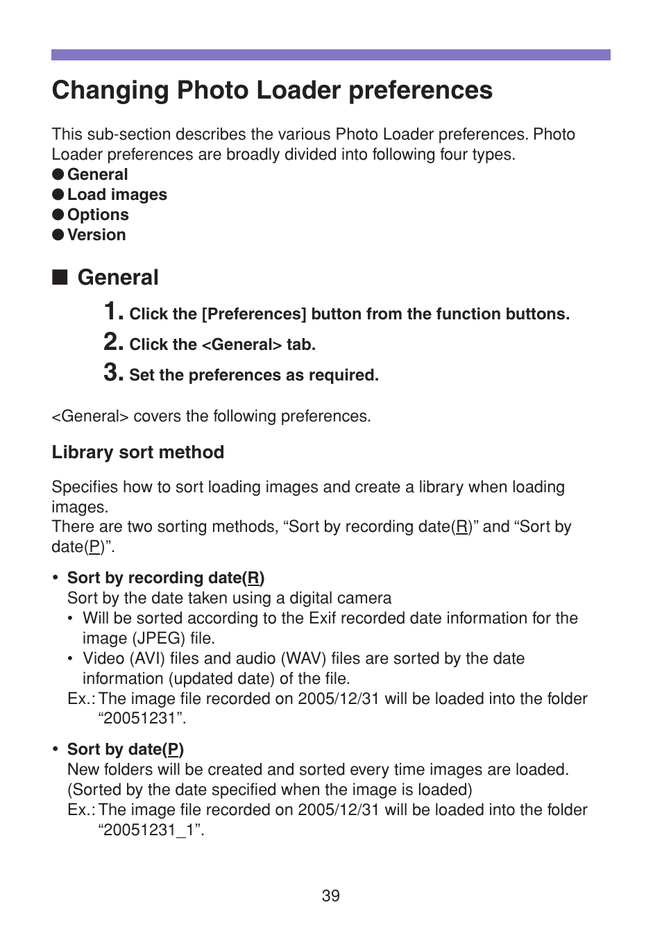 Changing photo loader preferences, General, Library sort method | Casio PHOTO LOADER K800PSM2DMX User Manual | Page 39 / 48