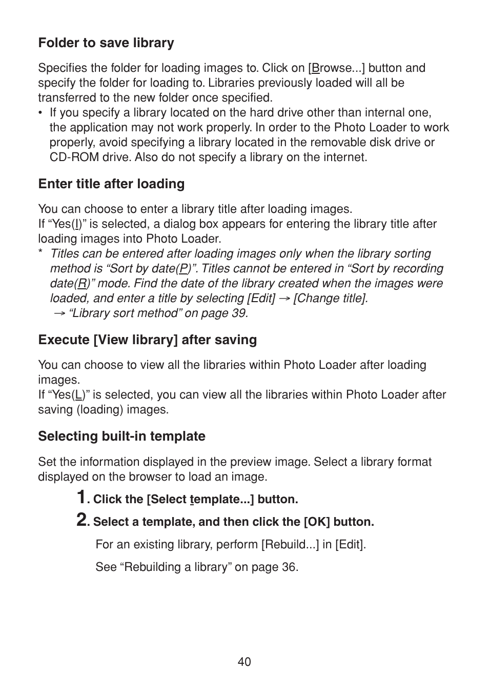 Folder to save library, Enter title after loading, Execute [view library] after saving | Selecting built-in template | Casio PHOTO LOADER K800PSM2DMX User Manual | Page 40 / 48
