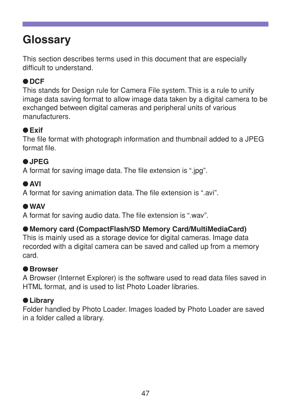 Glossary | Casio PHOTO LOADER K800PSM2DMX User Manual | Page 47 / 48