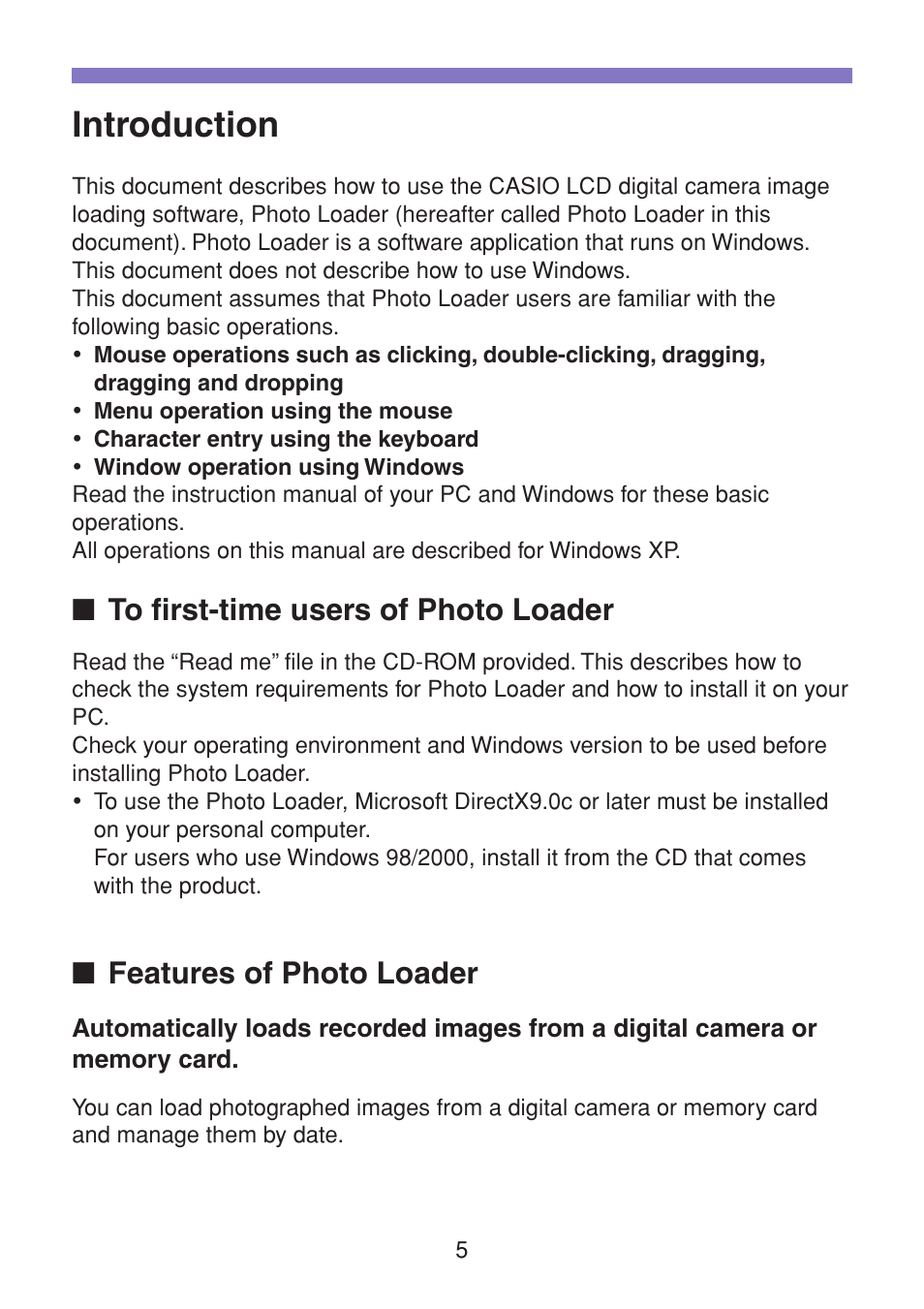 Introduction, To first-time users of photo loader, Features of photo loader | Casio PHOTO LOADER K800PSM2DMX User Manual | Page 5 / 48