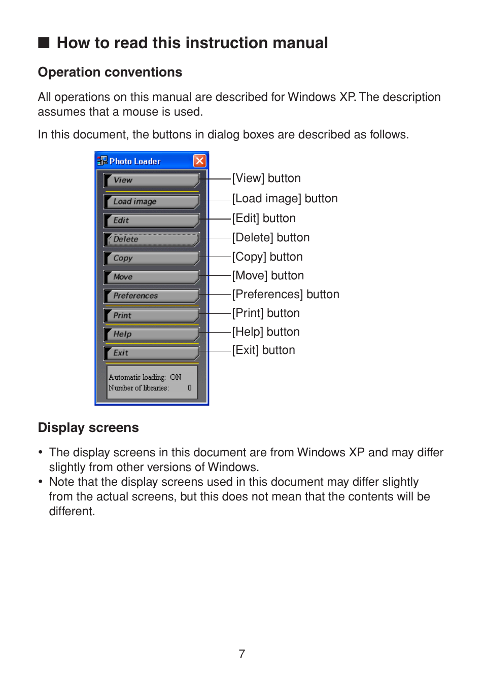 How to read this instruction manual, Operation conventions, Display screens | Casio PHOTO LOADER K800PSM2DMX User Manual | Page 7 / 48