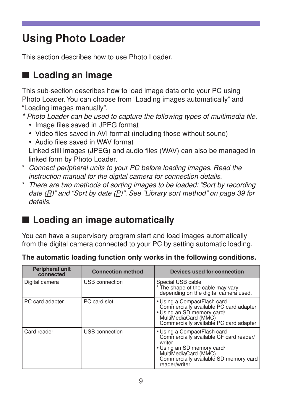 Using photo loader, Loading an image, Loading an image automatically | Casio PHOTO LOADER K800PSM2DMX User Manual | Page 9 / 48