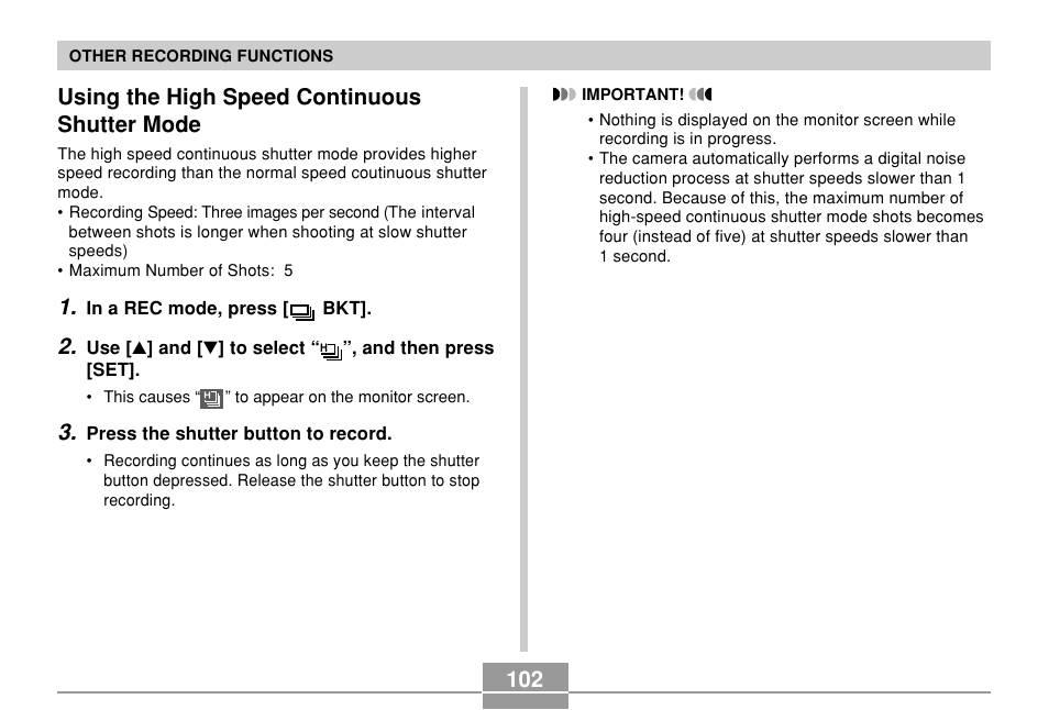 Using the high speed continuous shutter mode | Casio EX-P700 User Manual | Page 102 / 267