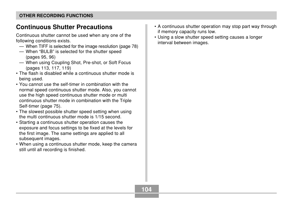 Continuous shutter precautions | Casio EX-P700 User Manual | Page 104 / 267