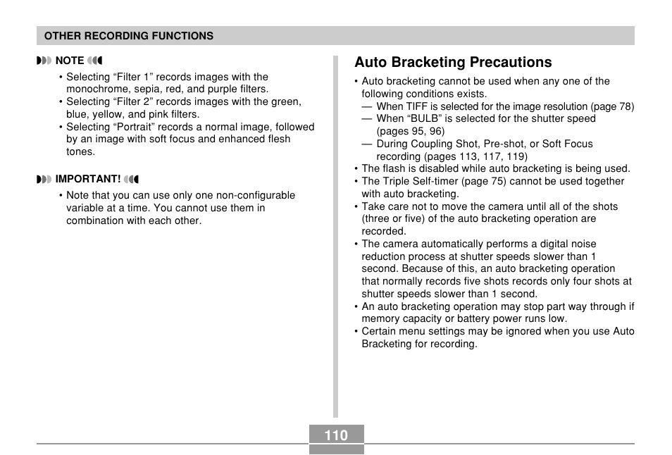 Auto bracketing precautions | Casio EX-P700 User Manual | Page 110 / 267