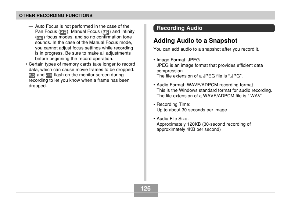 Recording audio, Adding audio to a snapshot | Casio EX-P700 User Manual | Page 126 / 267