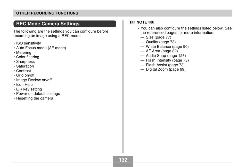 Rec mode camera settings | Casio EX-P700 User Manual | Page 132 / 267