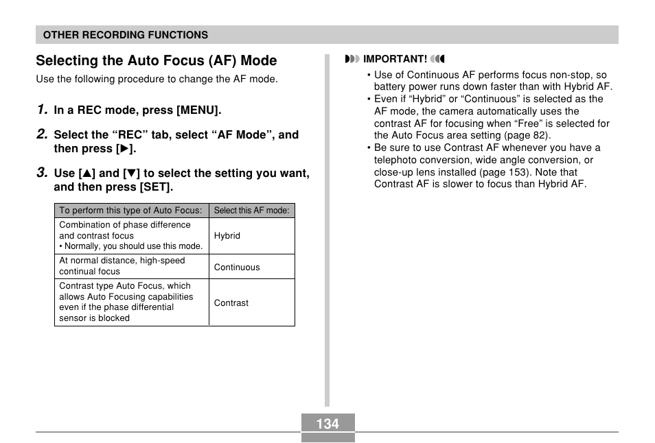 Selecting the auto focus (af) mode | Casio EX-P700 User Manual | Page 134 / 267