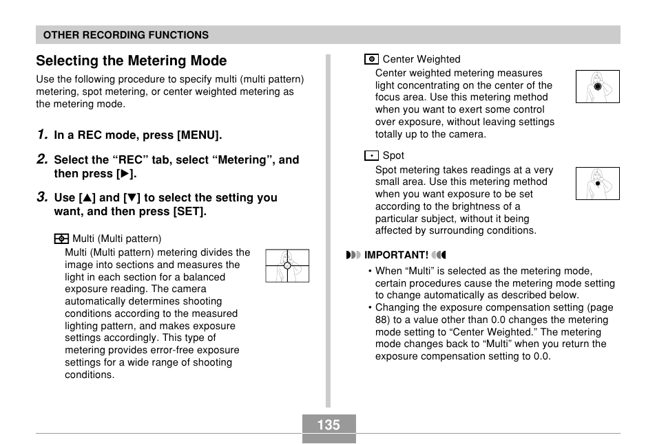 Selecting the metering mode | Casio EX-P700 User Manual | Page 135 / 267