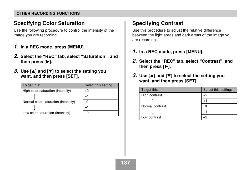 Specifying color saturation, Specifying contrast | Casio EX-P700 User Manual | Page 137 / 267