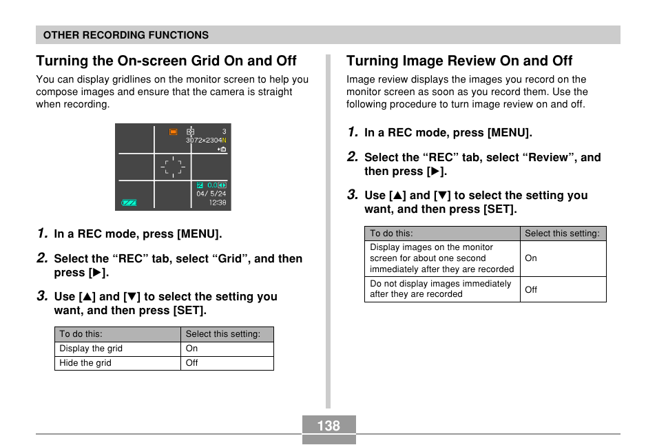 Turning the on-screen grid on and off, Turning image review on and off | Casio EX-P700 User Manual | Page 138 / 267