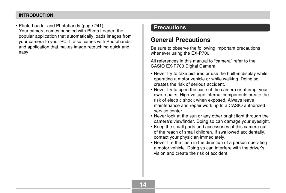 Precautions, General precautions | Casio EX-P700 User Manual | Page 14 / 267