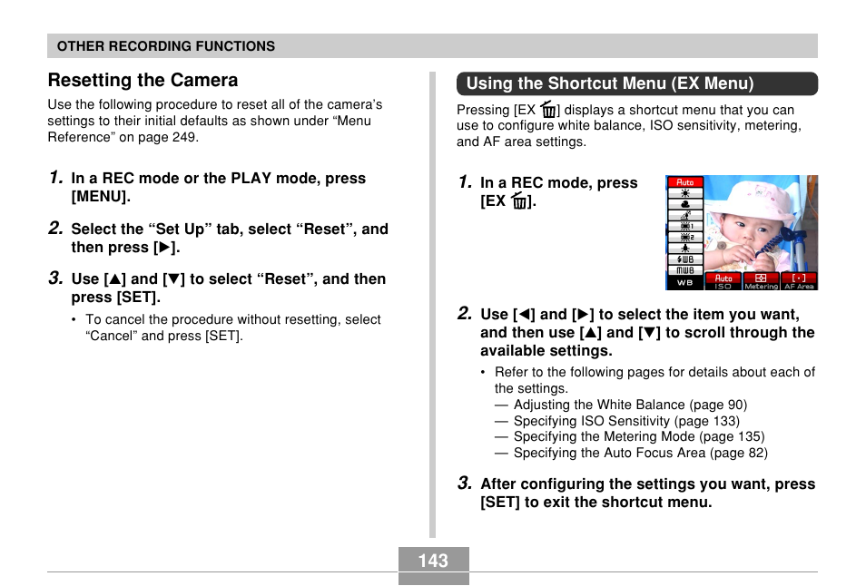 Resetting the camera, Using the shortcut menu (ex menu) | Casio EX-P700 User Manual | Page 143 / 267