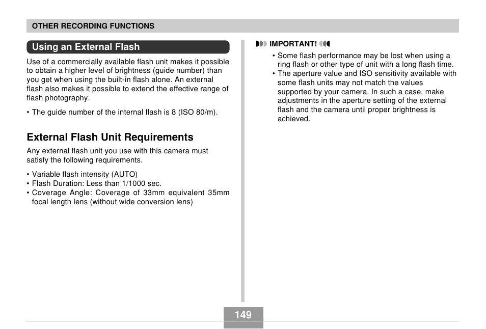 Using an external flash, External flash unit requirements | Casio EX-P700 User Manual | Page 149 / 267