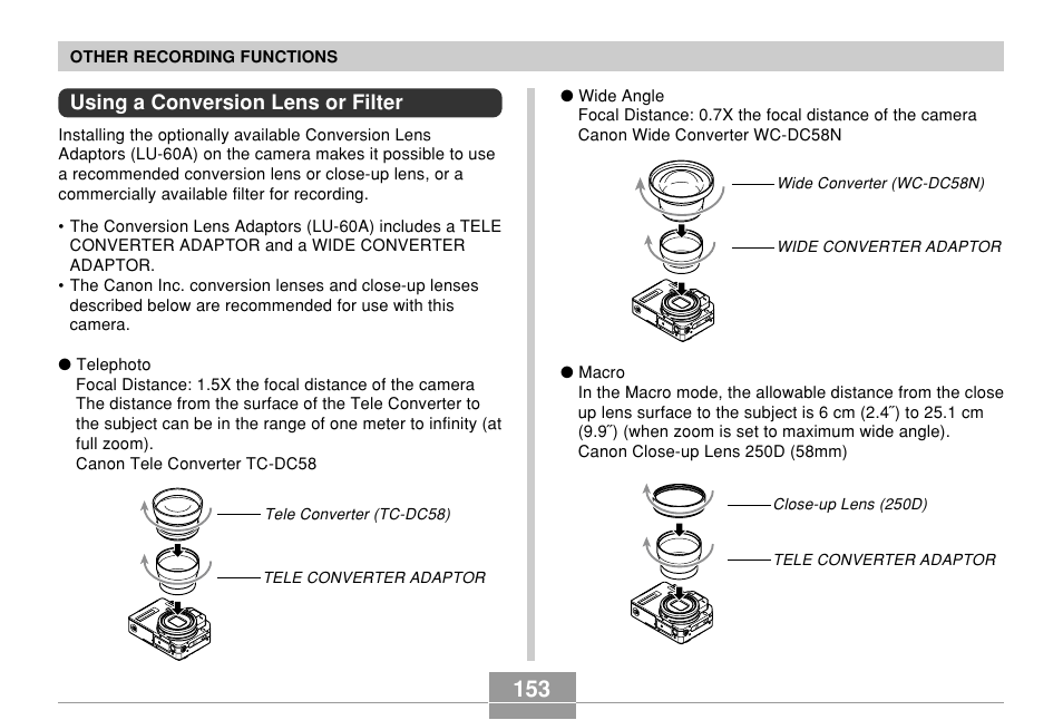 Using a conversion lens or filter | Casio EX-P700 User Manual | Page 153 / 267